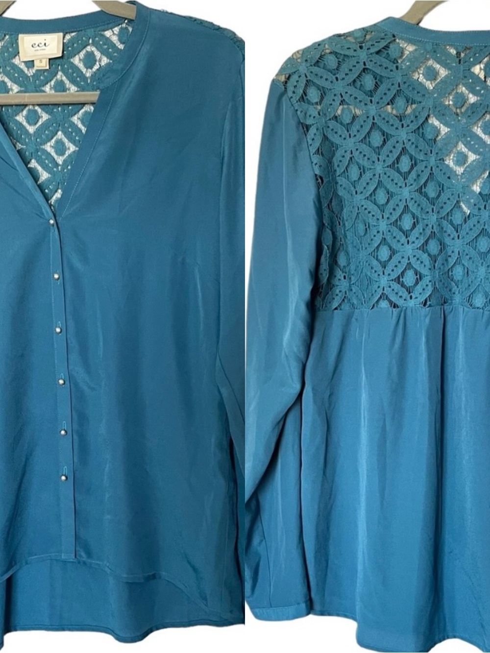 Eci New York Turquoise Button Down Lace Back Long Sleeve Top Size Small